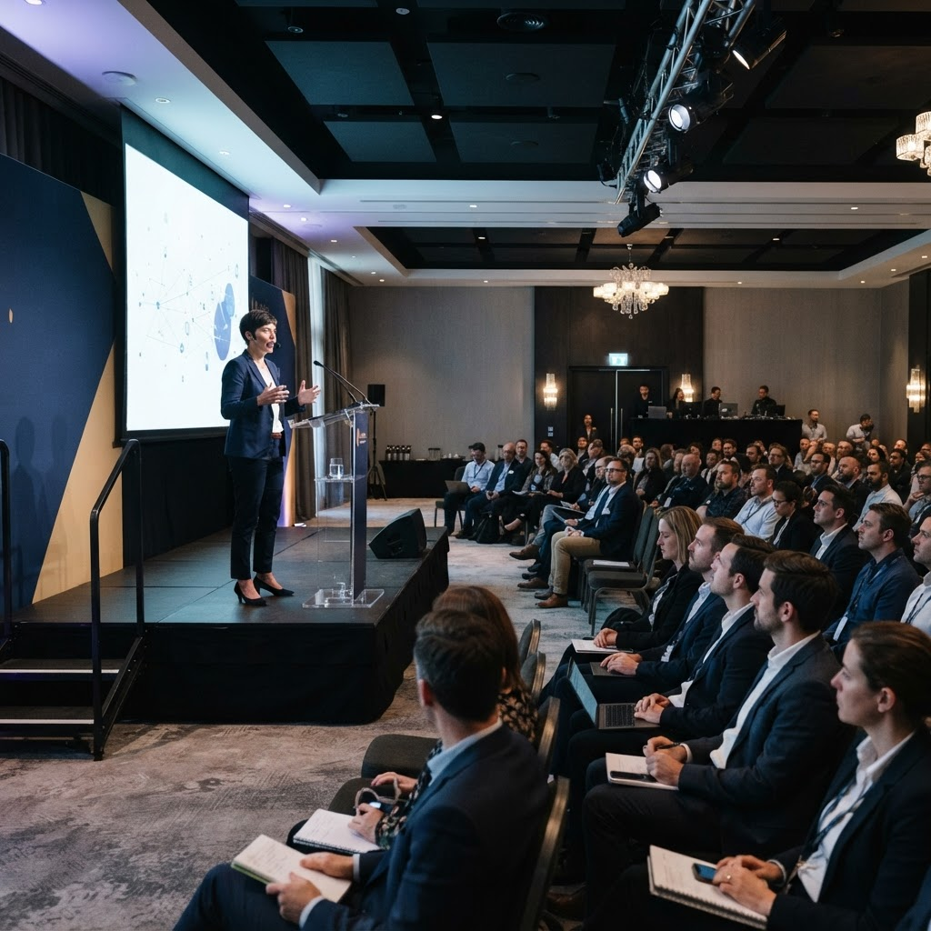 A speaker on stage at a mid-sized corporate conference with professional projection and lighting